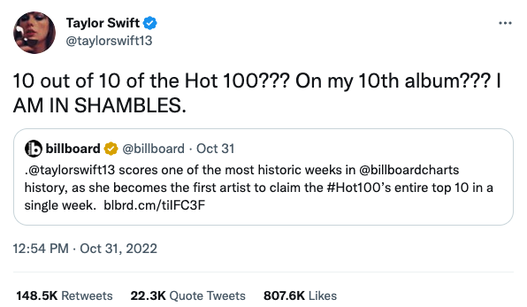 Taylor Swift Tweet from October 21, 2022.