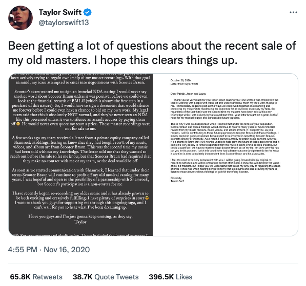 Taylor Swift's tweet from November 16, 2020.