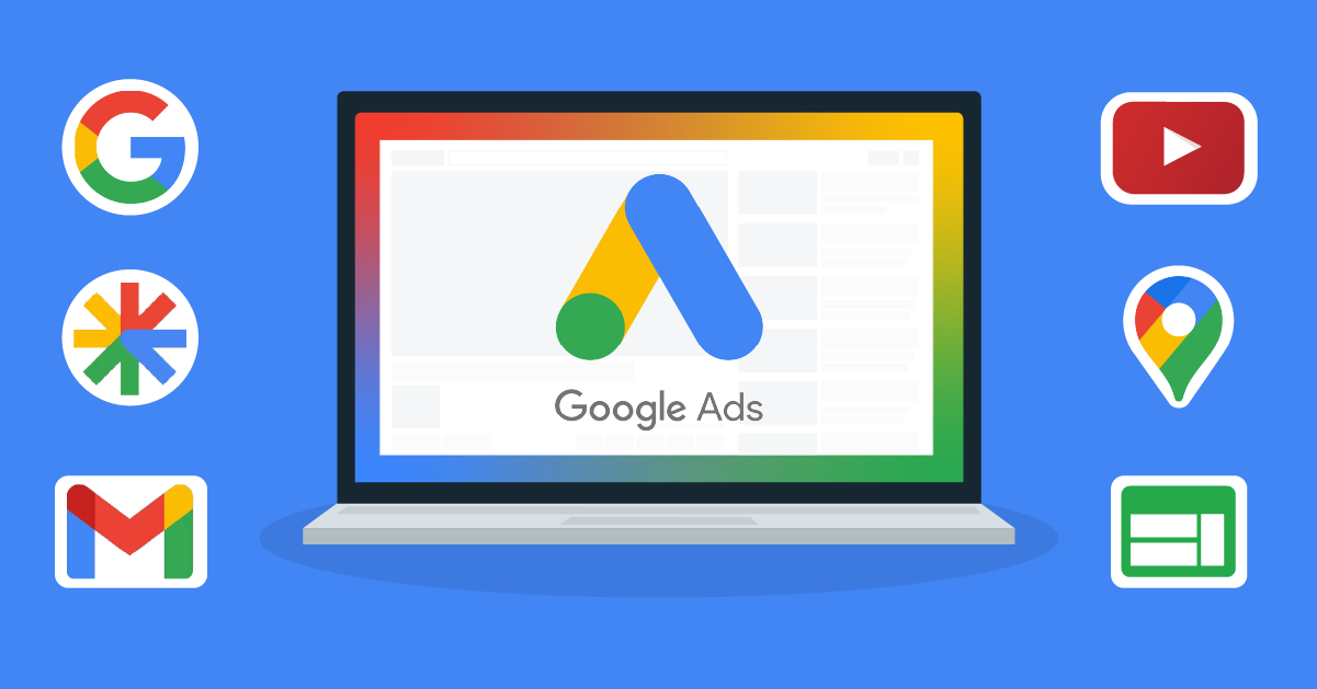 Laptop with screen displaying Google Ads logo, surrounded by various Google product logos on a blue background.